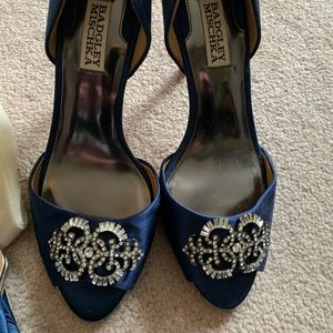 Badgley Mischka Blue Satan crystal satin pumps with bling matching bag. Size 8